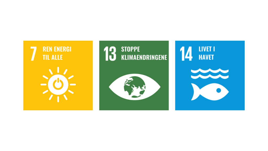 Bilde av de tre klimamålene 7: Ren energi til alle, 13: Stoppe klimaendringene og 14: Livet i havet.