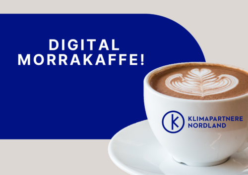 Digital morrakaffe med bilde av en kaffekopp og logoen til Klimapartnere Nordland.