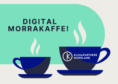 Digital morrakaffe, illustrert av omrisset av to kaffekopper, der den ene har logoen til Klimapartnere Nordland.