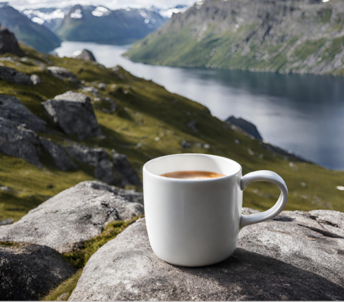 AI-generert kaffekopp med en fjord i bakgrunnen